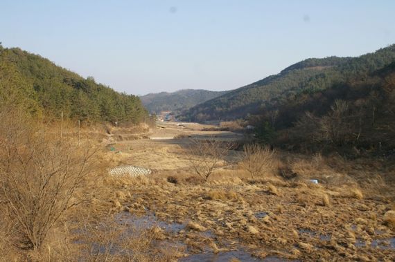 소류지 제방에서 바라본 마을쪽입니다