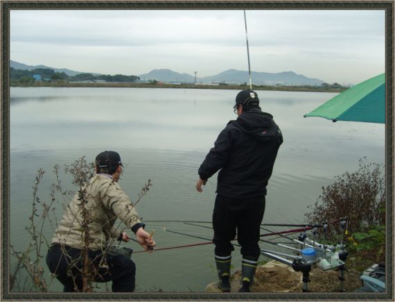 현남이가 덩어리 한수걸어 버거워하자 현욱이가 뜰채로 도와줍니다 ㅎㅎ